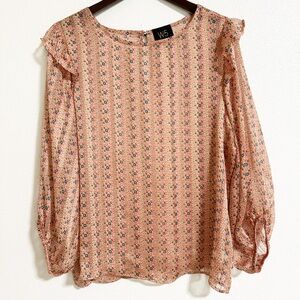 Anthro W5 Semi Sheer Metallic Accent Ruffle Shoulder Balloon Sleeve Blouse